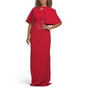 RENE BY RENE RUIZ Red 2pc Gown With Beaded Embellishment And Cape